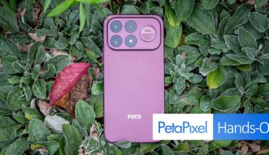 A purple smartphone with a multi-lens camera module and a "Sound by Bose" logo rests on a bed of green, frost-covered leaves next to a single red leaf.