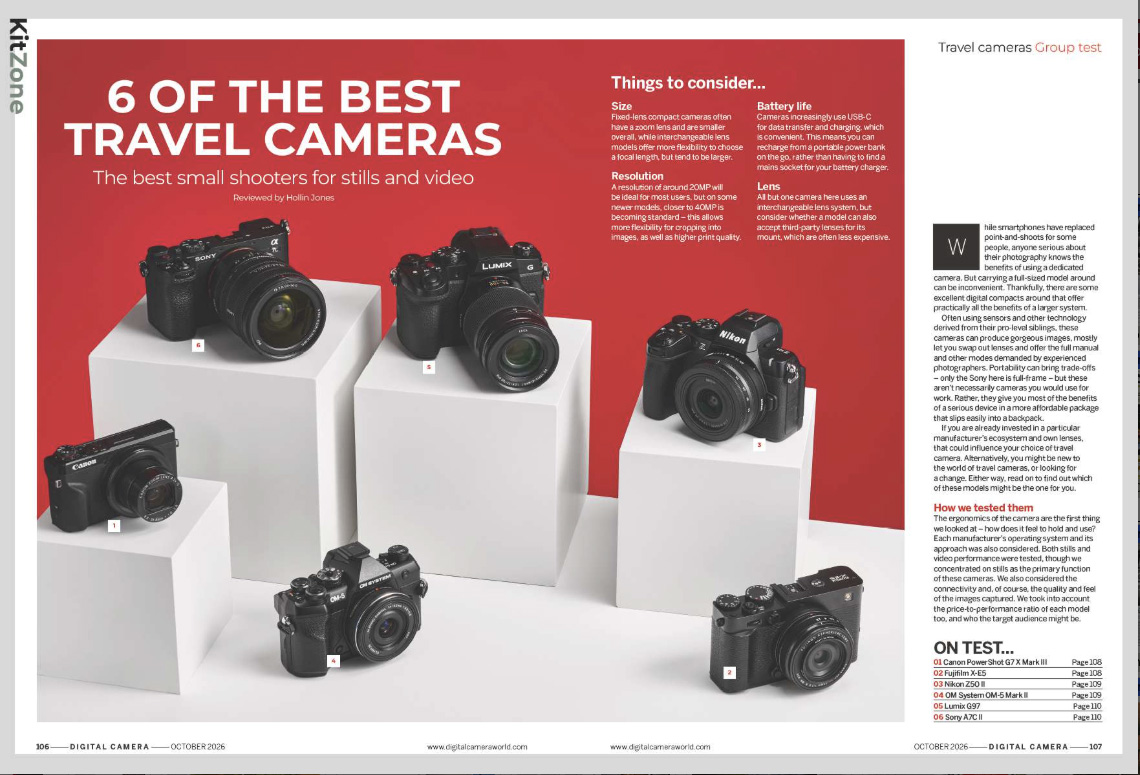Image showing the first two pages of the travel cameras group test, in issue 312 (October 2026) of Digital Camera magazine