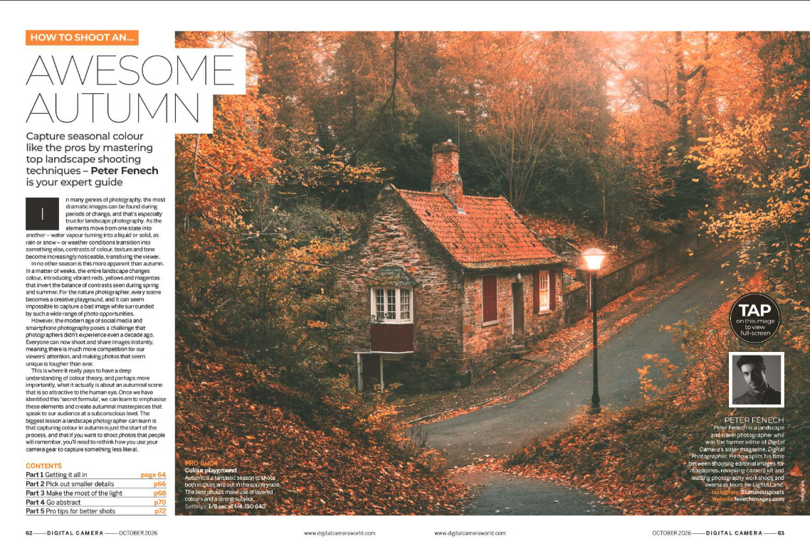 Image showing the first two pages of the feature of issue 312 (October 2026) of Digital Camera magazine &ndash; how to photograph autumn