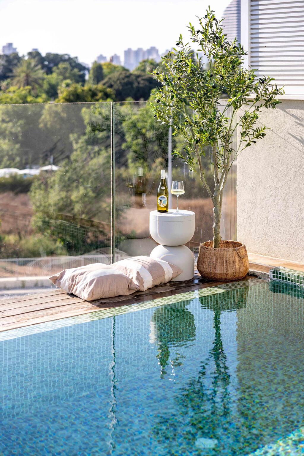 Comfortable lounging areas and an outdoor shower around the pool (Photo: Orit Arnon) בית דו-משפחתי ברמת גן, עיצוב: שרונה טביב