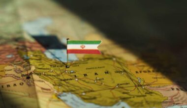 Iran flag on Middle east geopolitical map.