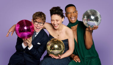 Josh Widdicombe, Emma Willis and Johannes Radebe pose with glitterballs