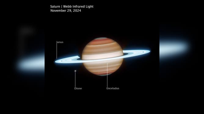 This infrared view of Saturn was captured Nov. 29, 2024, by NASA’s James Webb Space Telescope. 