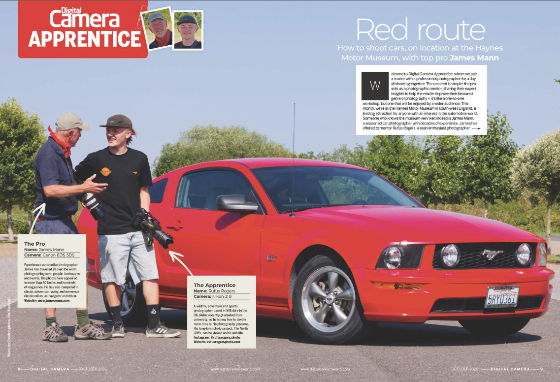 Image showing the first two pages of the Apprentice article in issue 312 (October 2026) of Digital Camera magazine, shooting cars at the Haynes Motor Museum with James Mann