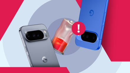 Two Google Pixel smartphones with a battery warning symbol