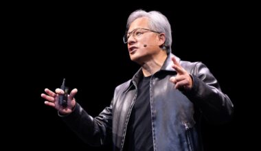 Jensen Huang giving a keynote speech.