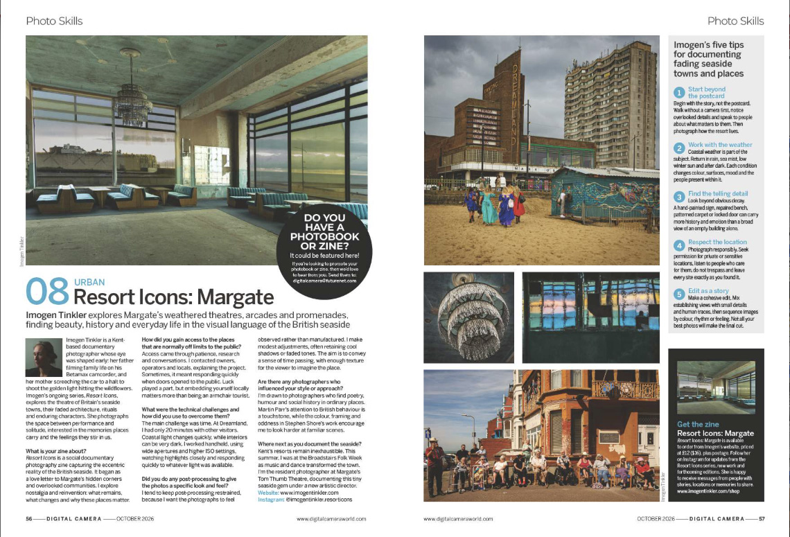Image showing a project in the Photo Skills section in issue 312 (October 2026) of Digital Camera magazine: photographer Imogen Tinkler discusses her photo zine documenting Margate in the UK
