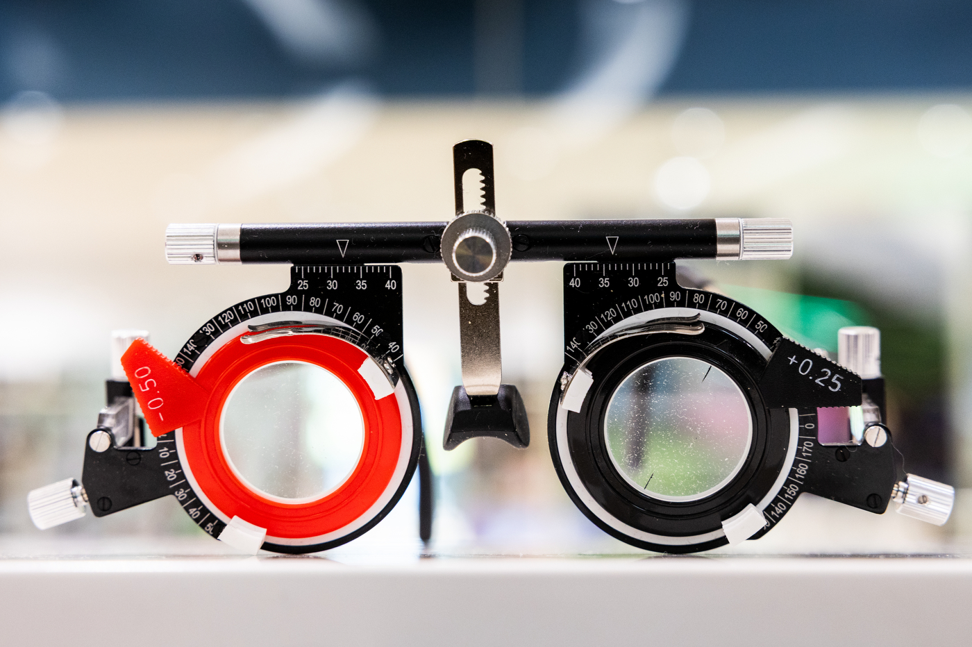 An optometrist’s trial frame, used to hold test lenses during eye exams, on display in a Pop Specs store.