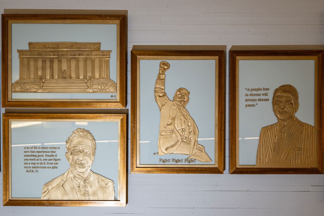 Gold-leaf portraits, including one of President Donald Trump, on display in The Reach at the John F. Kennedy Center for the Performing Arts on September 2.