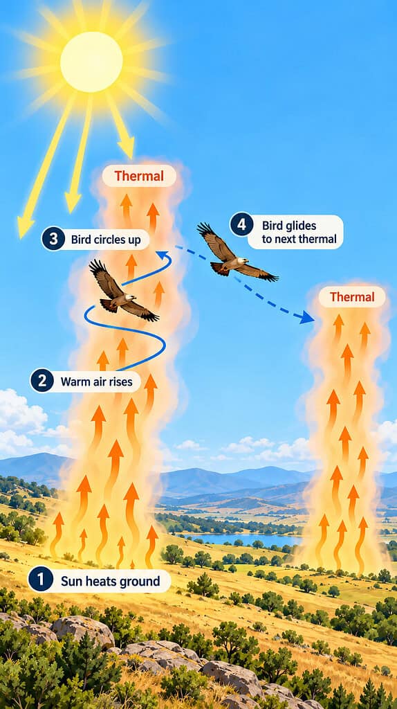 Illustration of how birds use thermals to fly using little energy