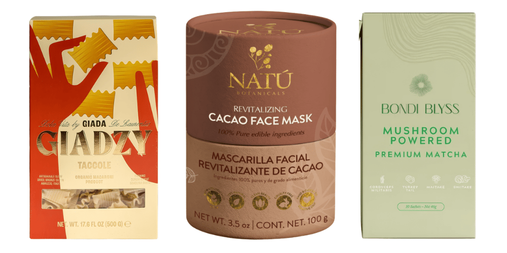 Giadzy Organic Taccole Pasta, Natú Botanicals Revitalizing Cacao Face Mask, Bondi Blyss Mushroom Powered Premium Matcha