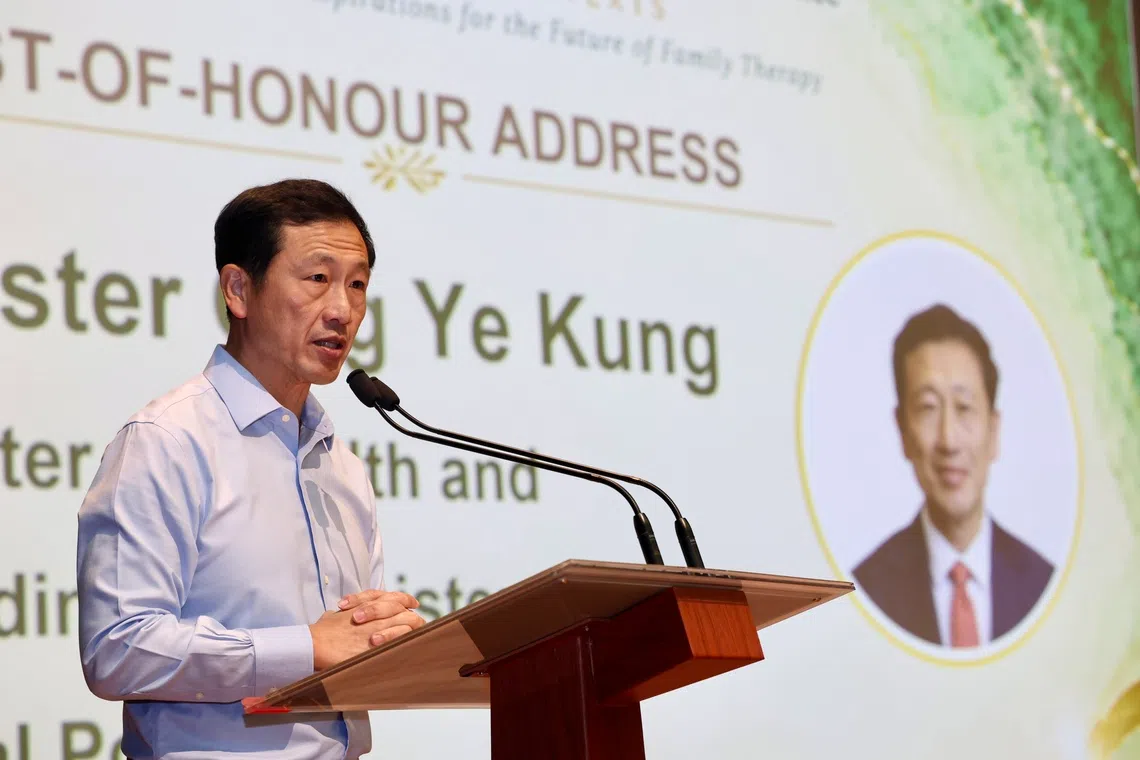 Minister for Health Ong Ye Kung speaking at the Singapore Systemic Family Therapy Conference at the Singapore University of Social Sciences on Oct 22.