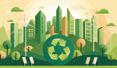 an illustration showing a stylized city in green and orange with a prominent recycling symbol in the middle