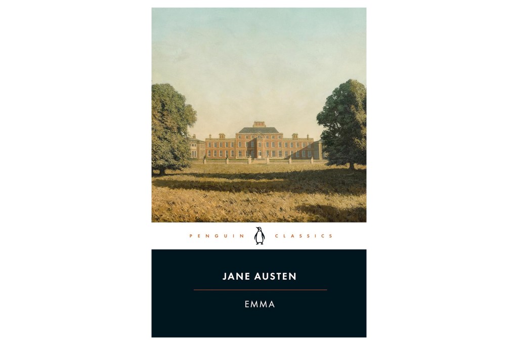 Book cover of Jane Austen's Emma, featuring a painting of a large estate house.