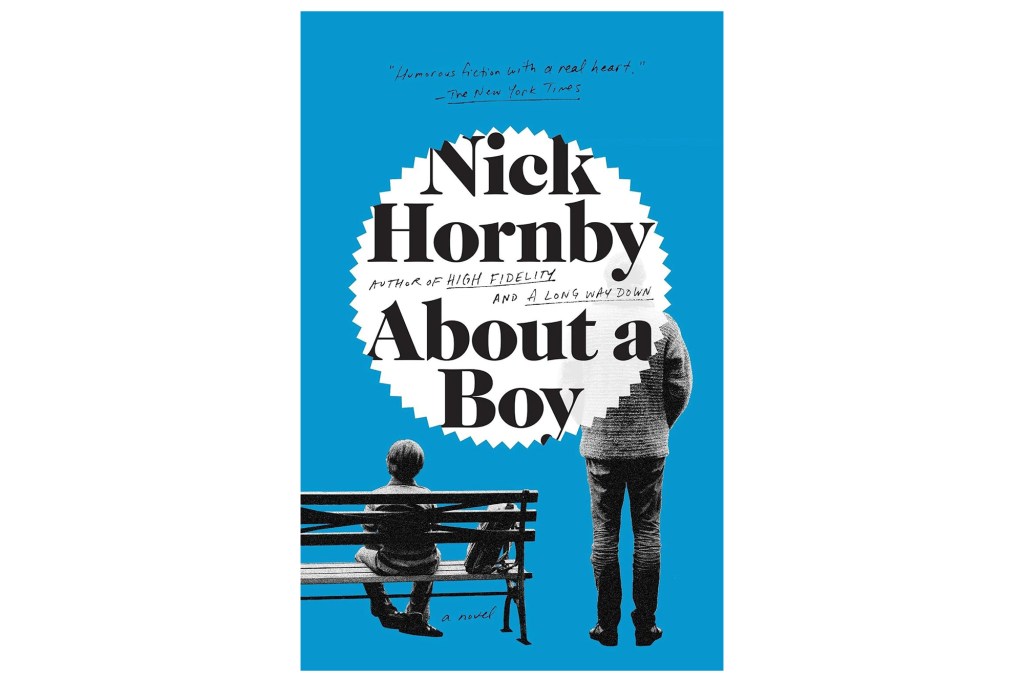 Book cover for About a Boy by Nick Hornby, featuring a boy sitting on a bench and an adult standing nearby against a blue background.