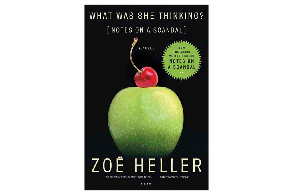 Book cover of What Was She Thinking? [Notes on a Scandal] by Zoë Heller, featuring a red cherry sitting on top of a green apple.