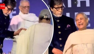 Amitabh Bachchan plays the doting husband; helps Jaya Bachchan on stage at book launch event with Gulzar- WATCH |