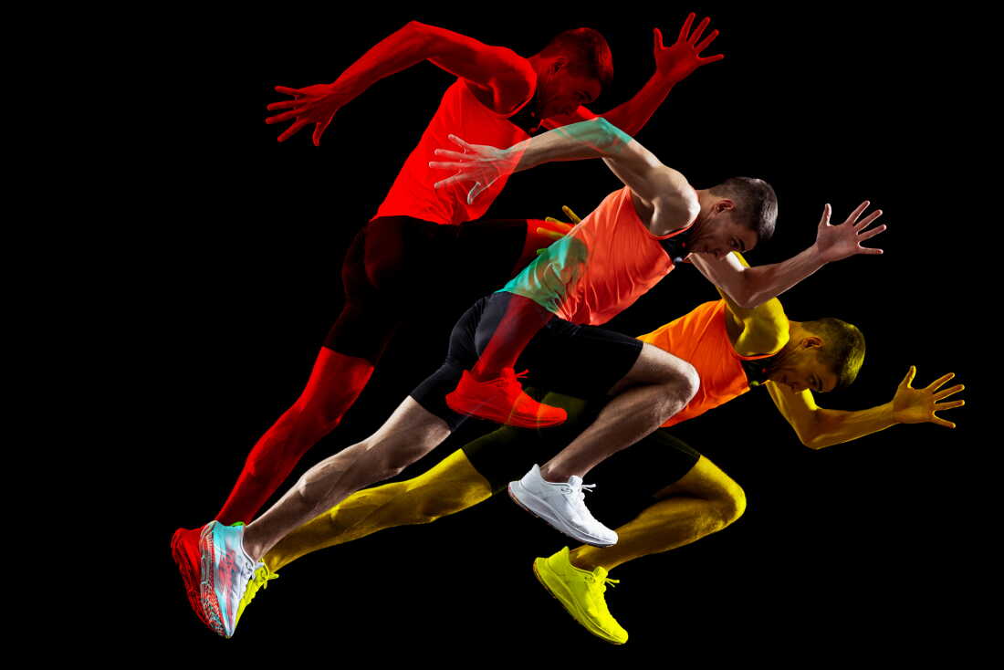 Creative collage of man, professional athlete, runner isolated over black background. Glitch and duotine effect. Concept of art, sport, motivation, action. Copy space for ad