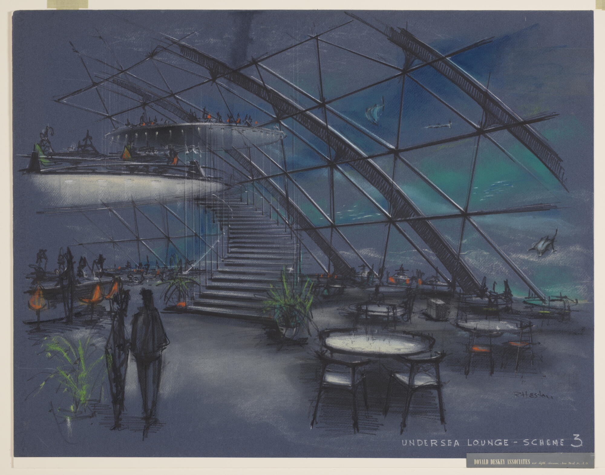 A drawing of an undersea lounge.
