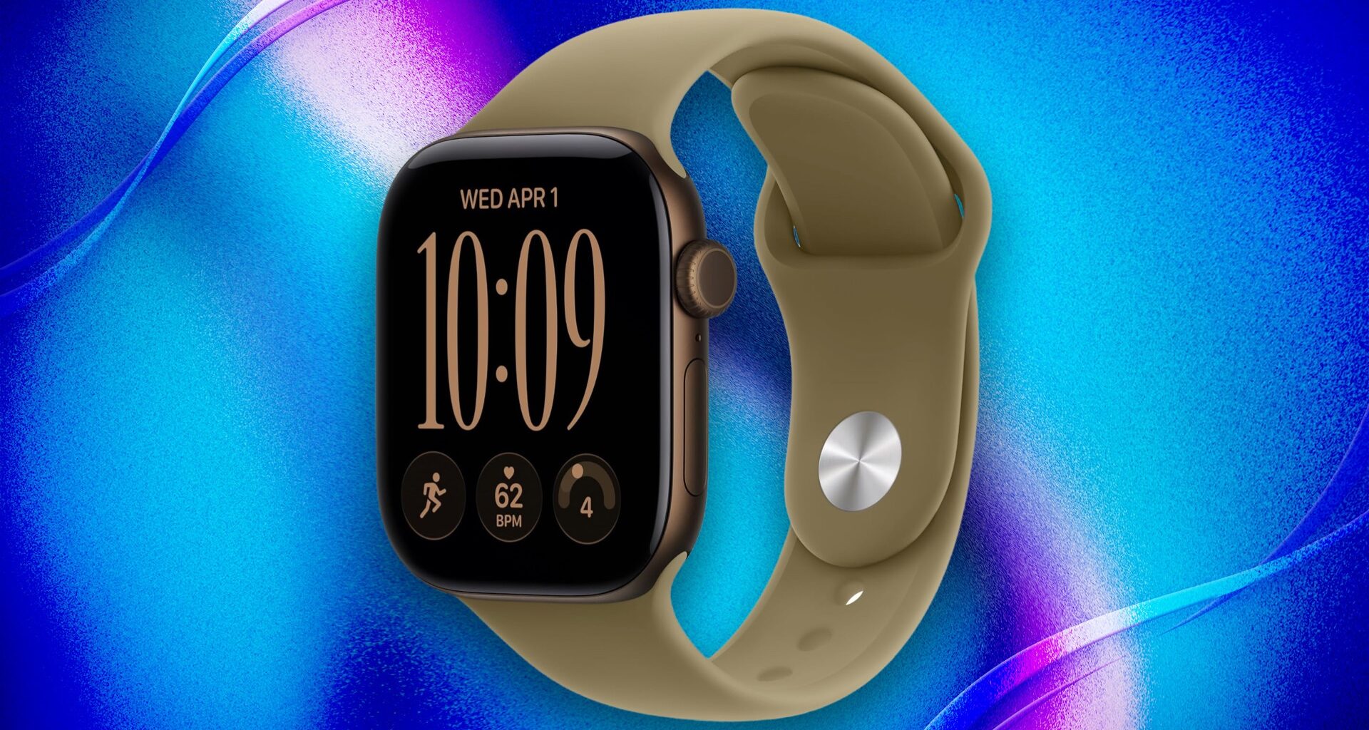 Apple Watch Series 12 in bronze on blue background