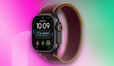 Apple Watch Ultra 4 in black titanium on a green and pink background