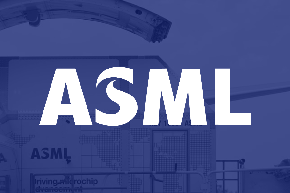 ASML logo in bold white letters over a blue-tinted background of semiconductor machinery