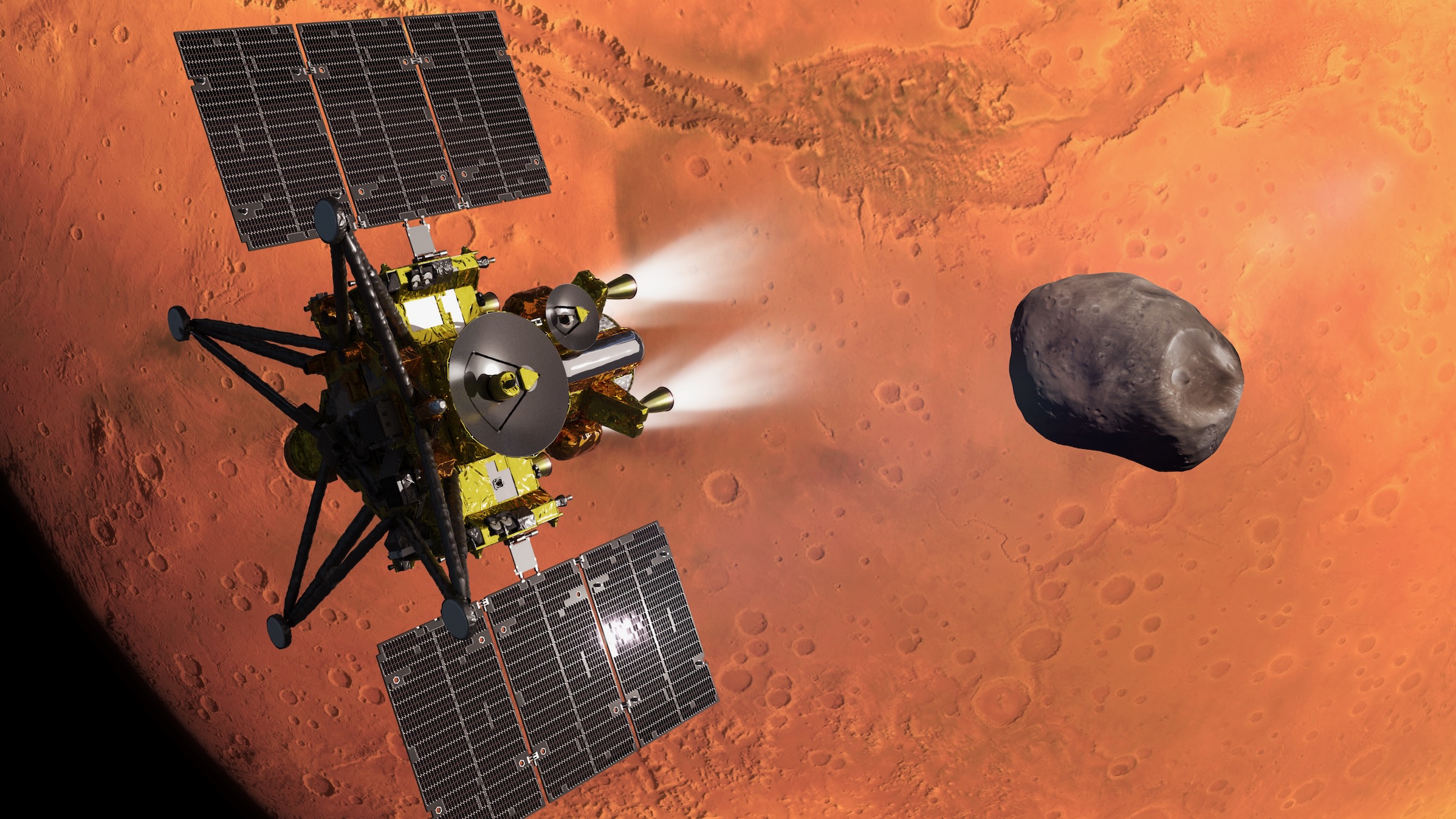 illustration of a boxy golden spacecraft orbiting mars, with a small asteroid-looking object to the probe's right