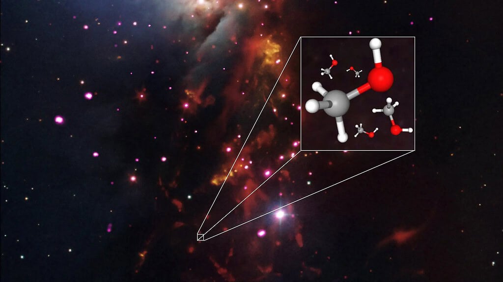 The Perseus molecular cloud alongside an illustration of the methanol molecule