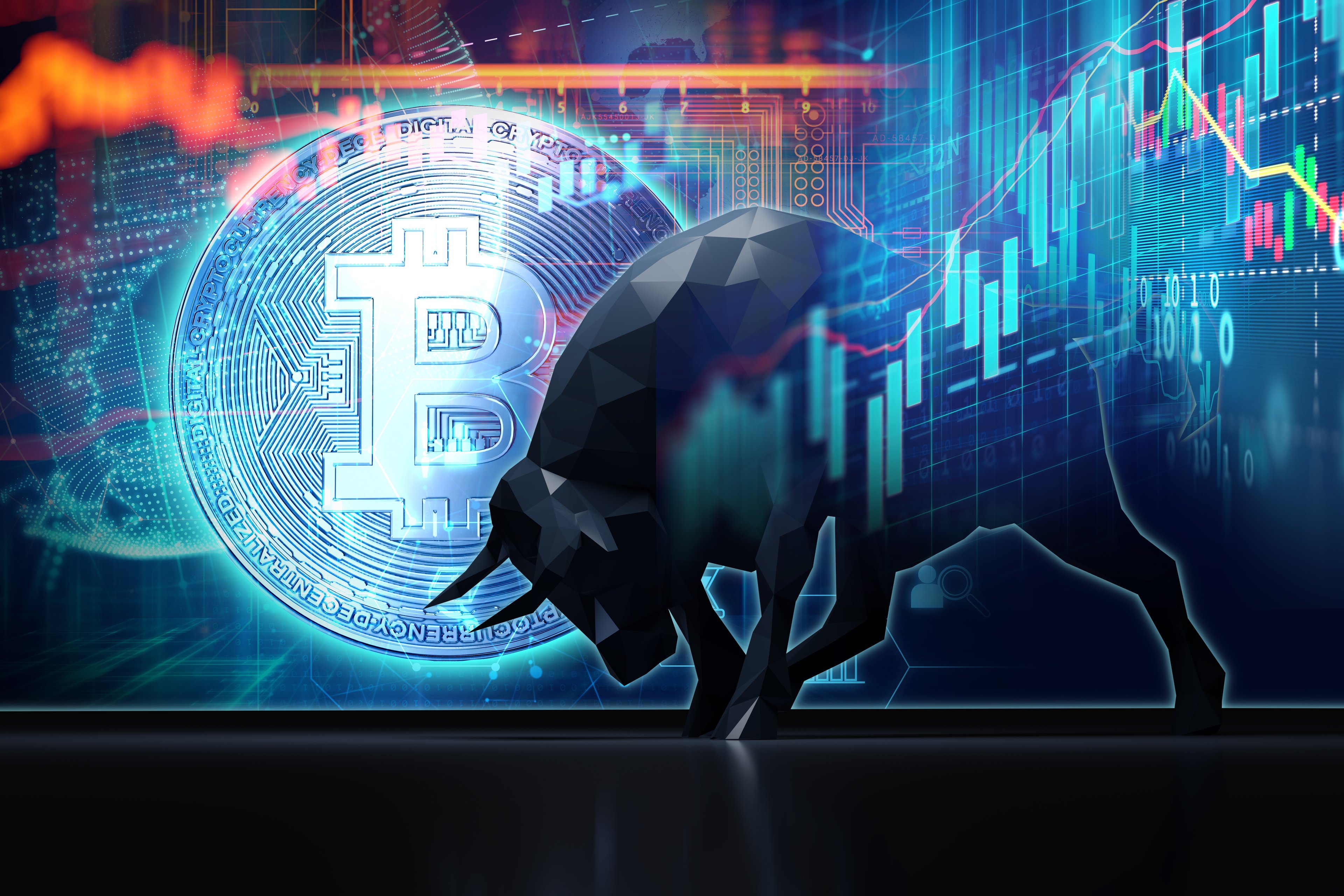 A bull charging in front of a Bitcoin symbol, with a rising chart in the background.