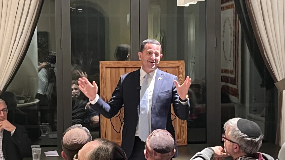 Religious Zionist Party MK Ohad Tal speaks at a parlor meeting in Jerusalem ahead of Israel’s elections, Oct. 20, 2026. Photo by Josh Hasten.