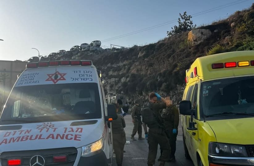 Ambulances and security forces at the scene of a terror shooting in the West Bank, October 23, 2026.