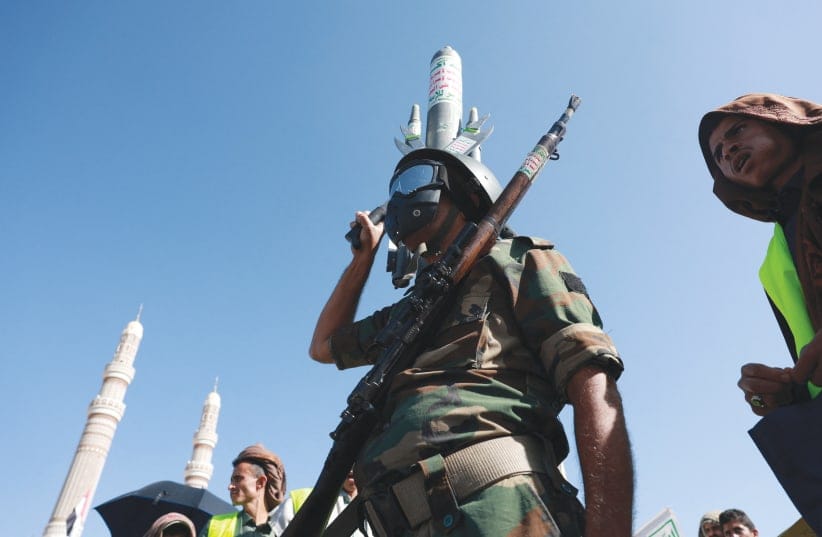 Houthi supporters rally in solidarity with the movement, in Sana’a, Yemen, Oct. 9.