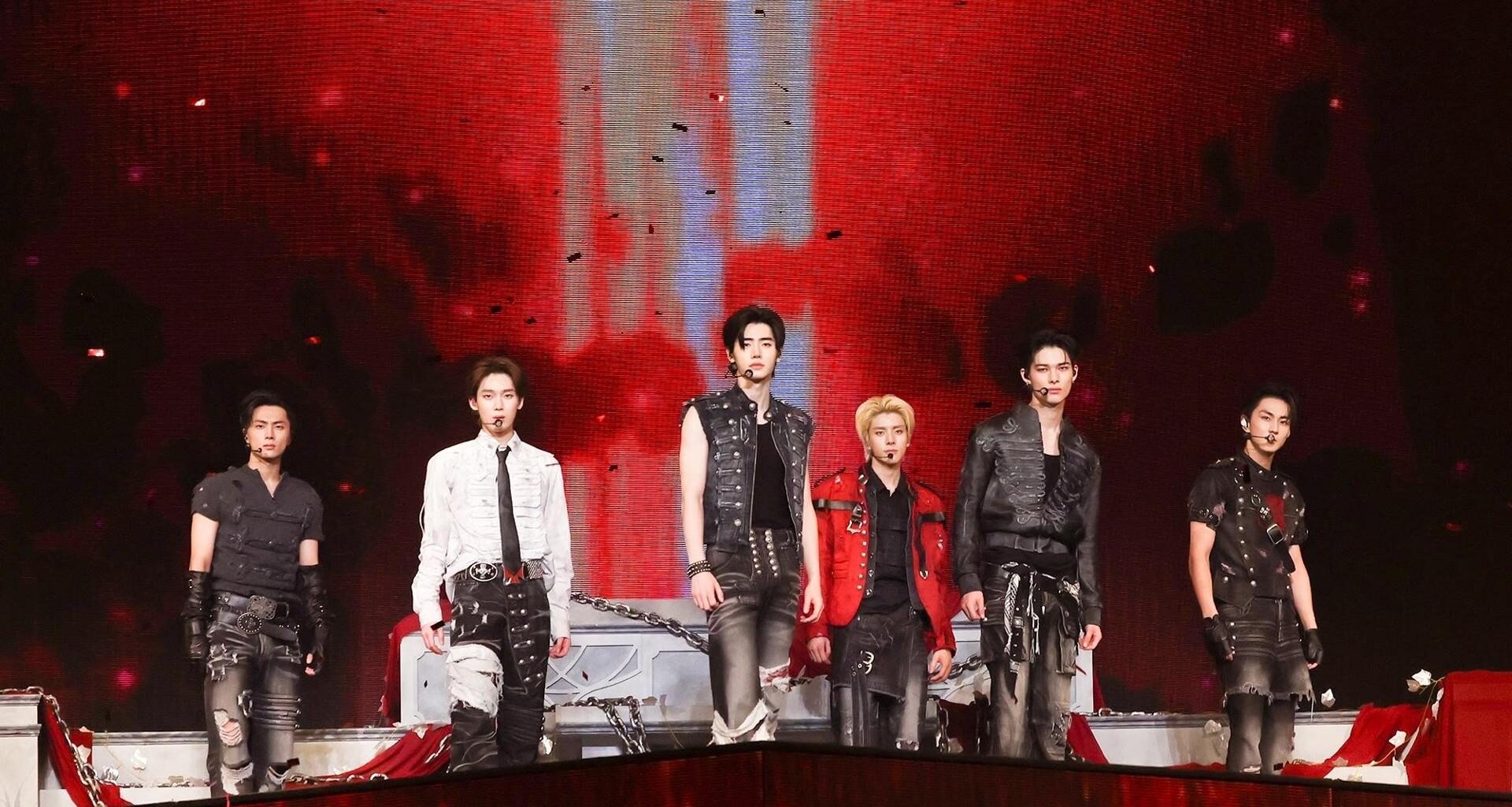 Members of K-pop boy group ENHYPEN, from left, Jay, Sunoo, Sunghoon, Jake, Ni-ki and Jungwon, perform during the band