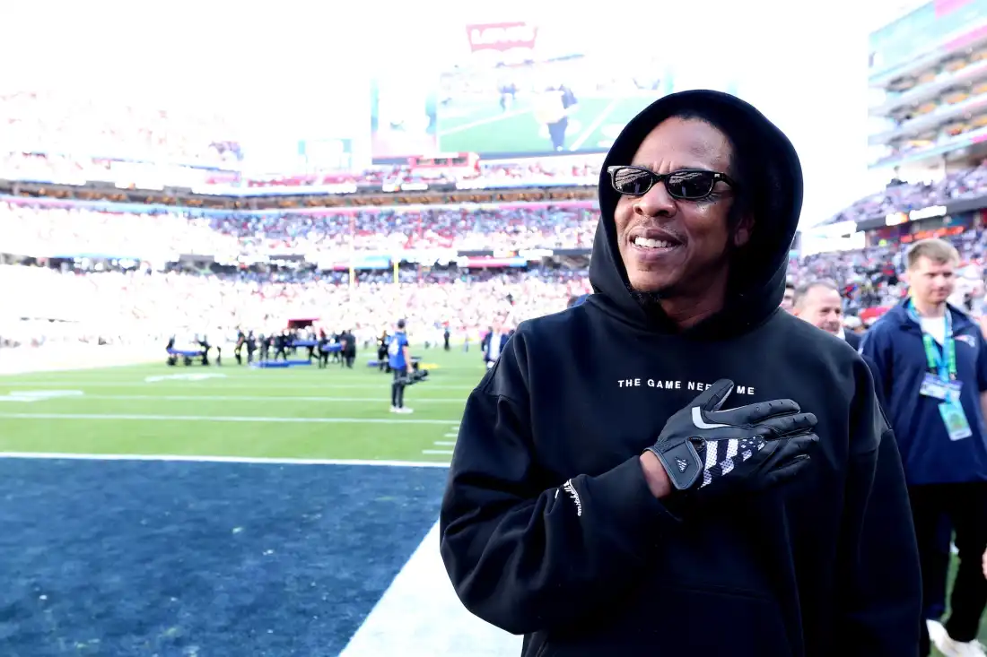 SANTA CLARA, CALIFORNIA - FEBRUARY 08: Jay-Z looks on prior to the start of Super Bowl LX between the Seattle Seahawks and the New England Patriots at Levi's Stadium on February 08, 2026 in Santa Clara, California. (Photo by Kevin C. Cox/Getty Images)