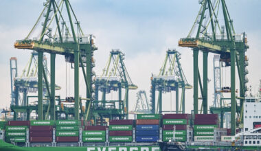A vessel loaded with containers is docked at Pasir Panjang Port terminal in Singapore on May 19, 2025. Singapore's non-oil domestic exports slipped 4.6 percent in July from a year earlier, government data showed on Aug. 18, 2025 as shipments to the United States plunged by more than 40 percent