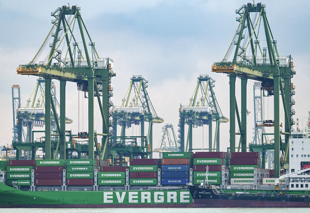 A vessel loaded with containers is docked at Pasir Panjang Port terminal in Singapore on May 19, 2025. Singapore's non-oil domestic exports slipped 4.6 percent in July from a year earlier, government data showed on Aug. 18, 2025 as shipments to the United States plunged by more than 40 percent