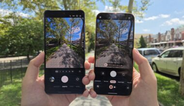 Two phone cameras pointed at a sidewalk.
