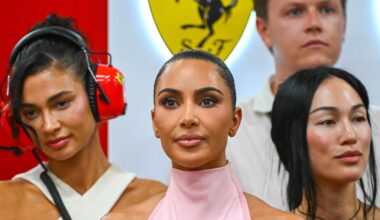 Forget Ferrari Red: Kim Kardashian Pulls up to the Paddock in Pastel Pink