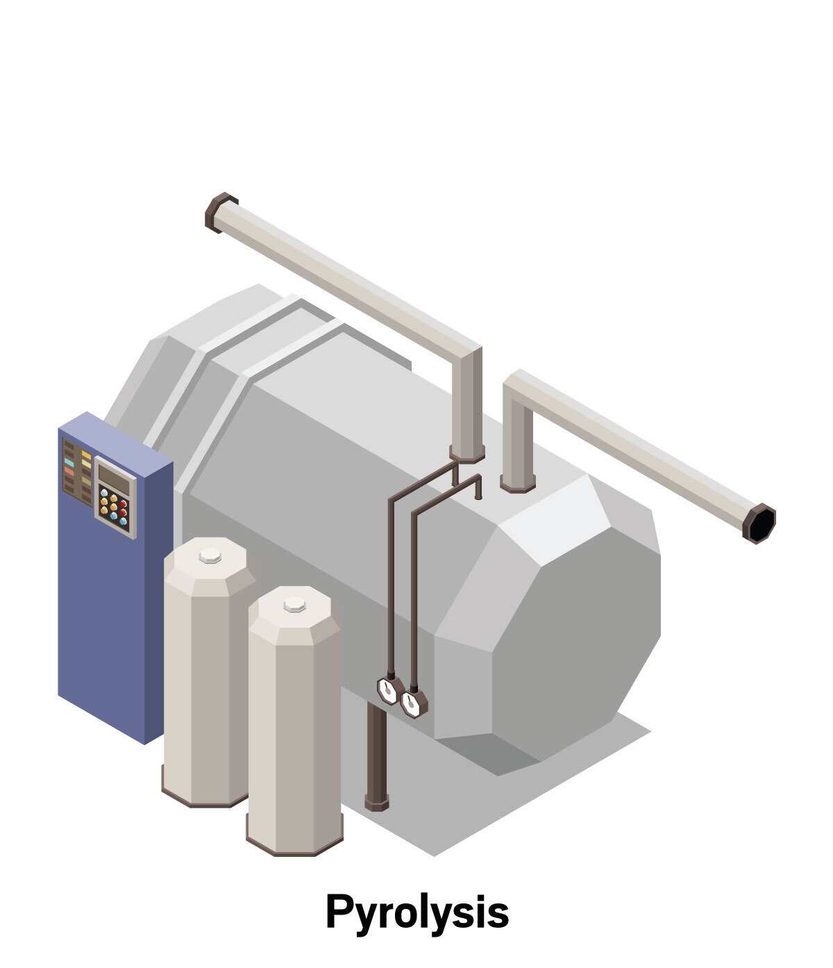 Illustration of shredded waste plastic being heated without oxygen in a pyrolysis reactor to produce oil, waxes, gases, and char.