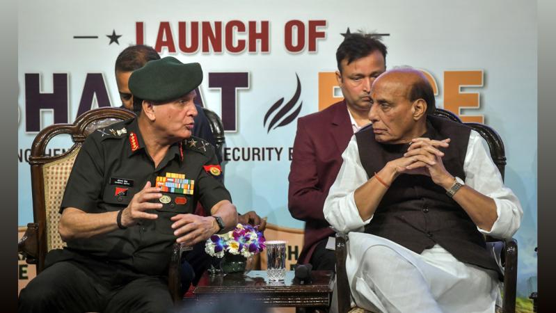 IMAGE: General Dhiraj Seth with Defence Minister Rajnath Singh, October 12, 2026. Photograph: Naveen Sharma/ANI Photo