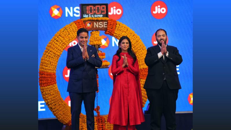 IMAGE: Akash Ambani, Isha Ambani, Anant Ambani on Wednesday, October 28, 2026, morning when JIo listed on the National Stock Exchange. Photograph: Jitesh Harisinghani/Rediff