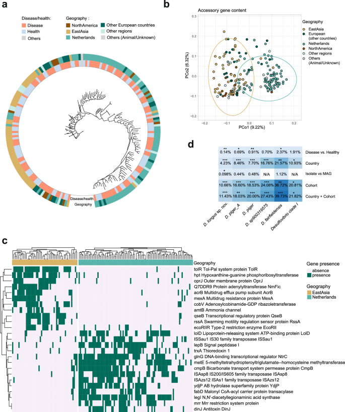 Fig. 3: Associations of encoded gene content of Desulfovibrio sp900319575 with geography.