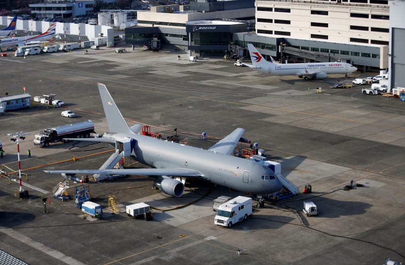 A Boeing KC-46A Pegasus sits on the tarmac at Boeing facilities at Boeing Field in this aerial photo in Seattle, Washington, U.S.