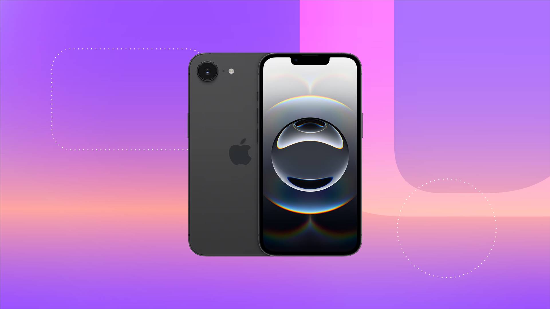 An black iPhone 16E against a purple gradient CNET background.