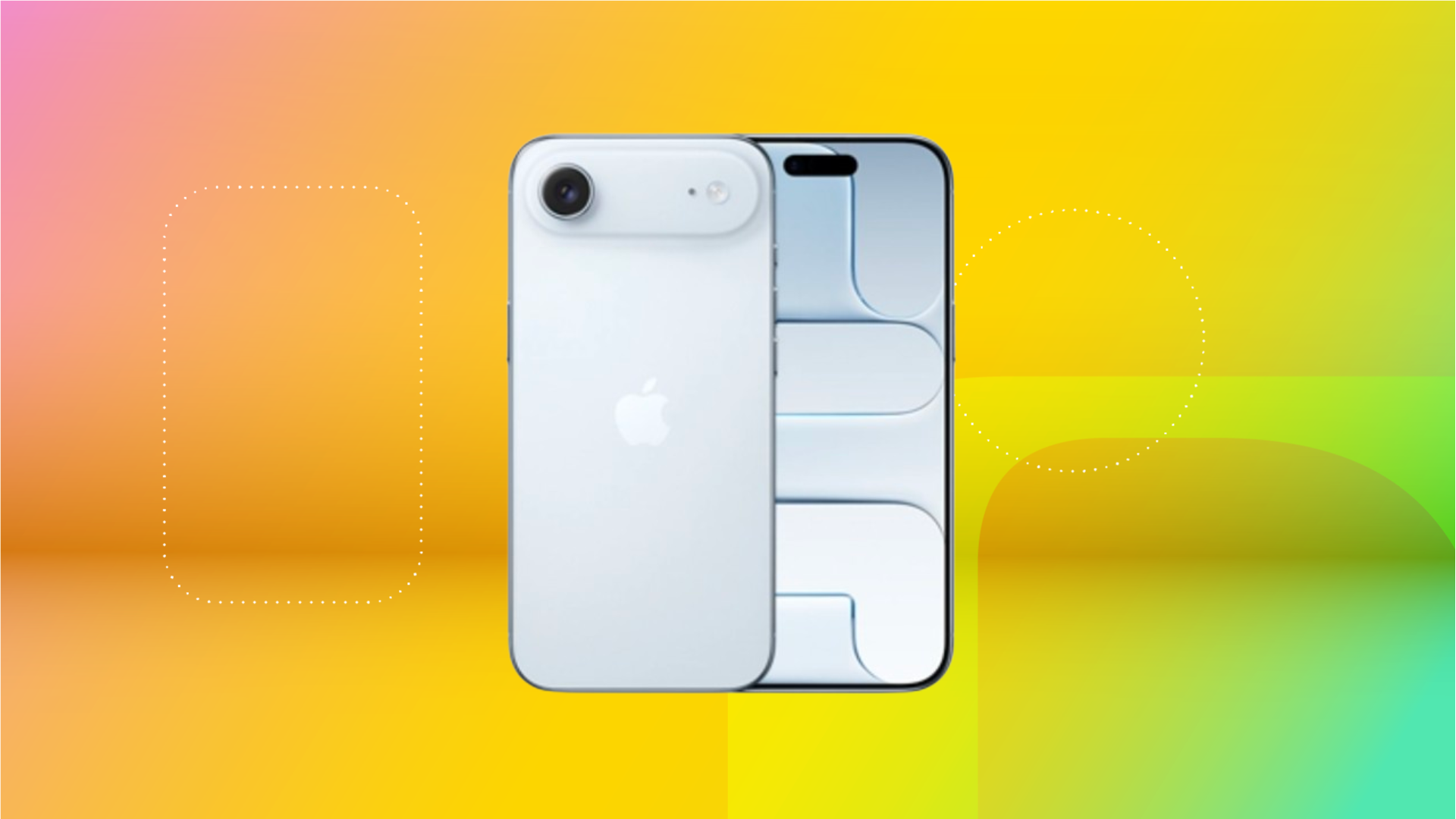 Light blue Apple iPhone Air against coral, yellow and mint green CNET background.