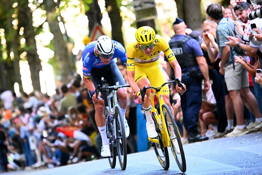 PARIS, FRANCE - JULY 26: (L-R) Mathieu van der Poel of Netherlands and Team Alpecin-Premier Tech and Tadej Pogacar of Slovenia and UAE Team Emirates - XRG - Yellow Leader Jersey compete in the breakaway during the 113th Tour de France 2026, Stage 21 a 89km stage from Paris to Paris / #UCIWT / on July 26, 2026 in Paris, France. (Photo by Etienne Garnier - Pool/Getty Images)