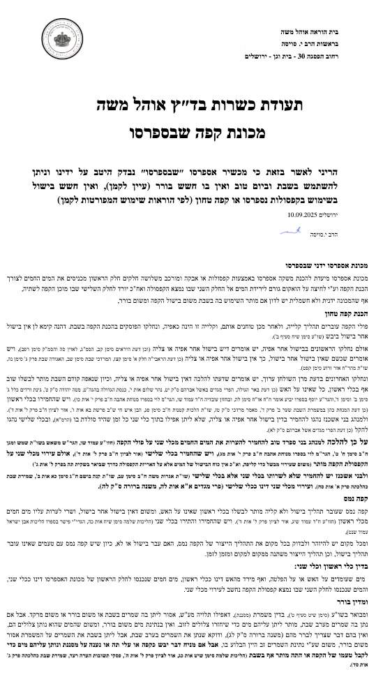 Badatz Ohel Moshe kosher certificate for the Shabespresso machine
