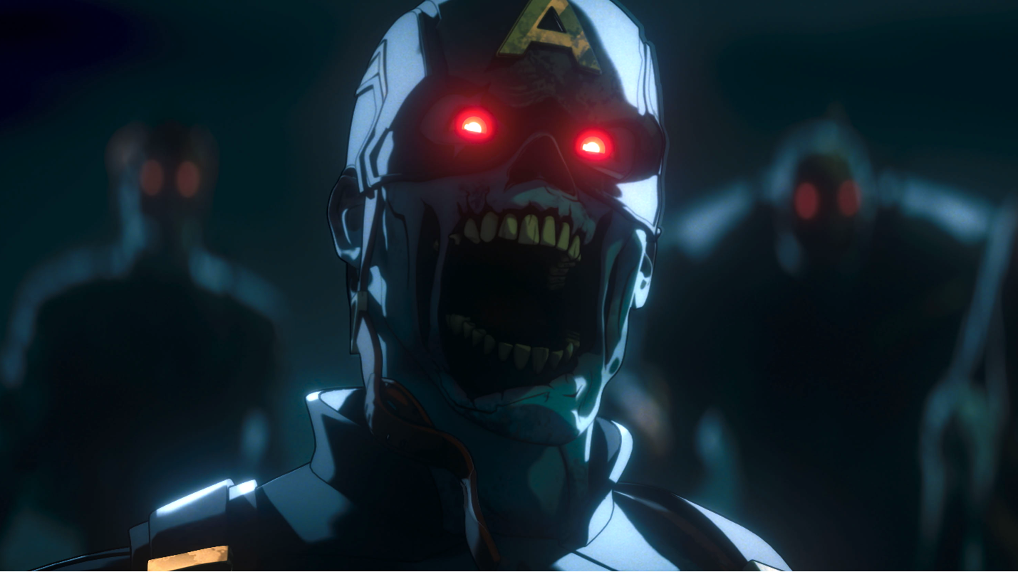 A cartoon zombie wearing Captain America's clothes.
