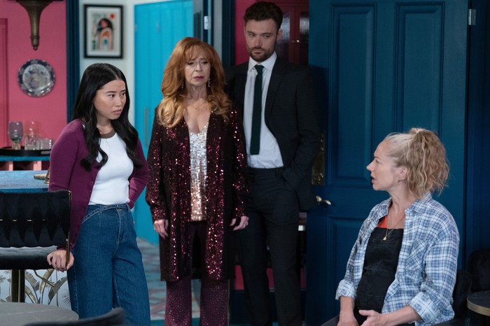574921,TITLE:Eastenders Emma Lau as Jess, Harriet Thorpe as Elaine Peacock, Charlie Suff as Johnny Carter, and Maddy Hill as Nancy Carter in EastEnders.