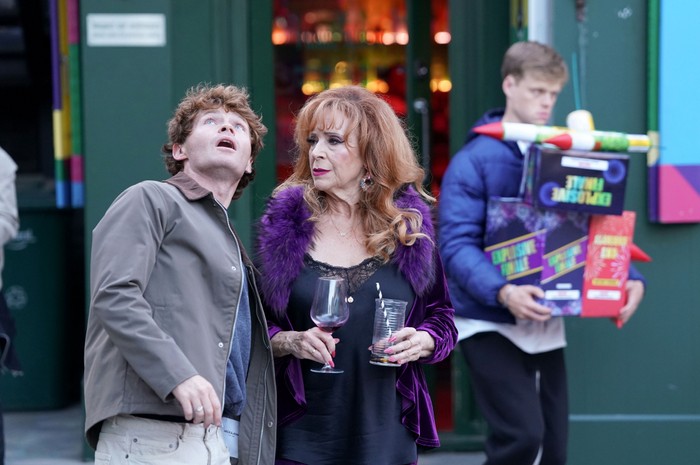 576743,TITLE:Eastenders Ryder distracts Elaine while Oscar takes her fireworks in a scene from EastEnders